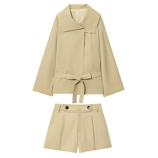 Long Sleeve Jacket With Belt Windbreaker Button Pleated Shorts Fashion Suit