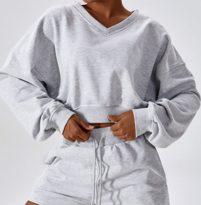 Women's Outdoor Keep Warm V-neck Pullover Leisure Loose Long Sleeve Sweatshirt
