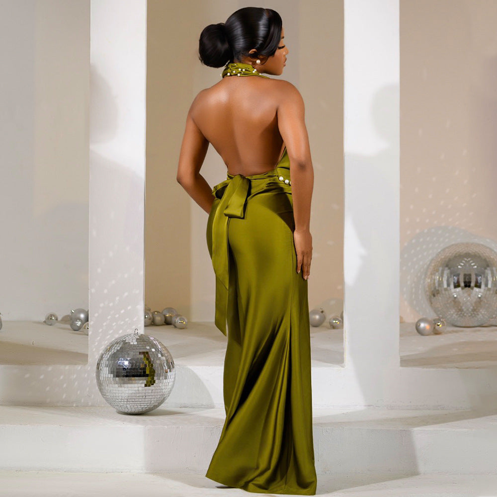 Fashionable Beaded Evening Gown Sexy Backless Halter Dress