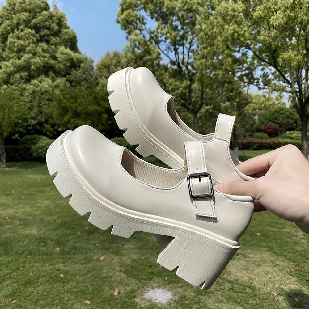 Women's Platform White Round Toe High Heel Leather Shoes