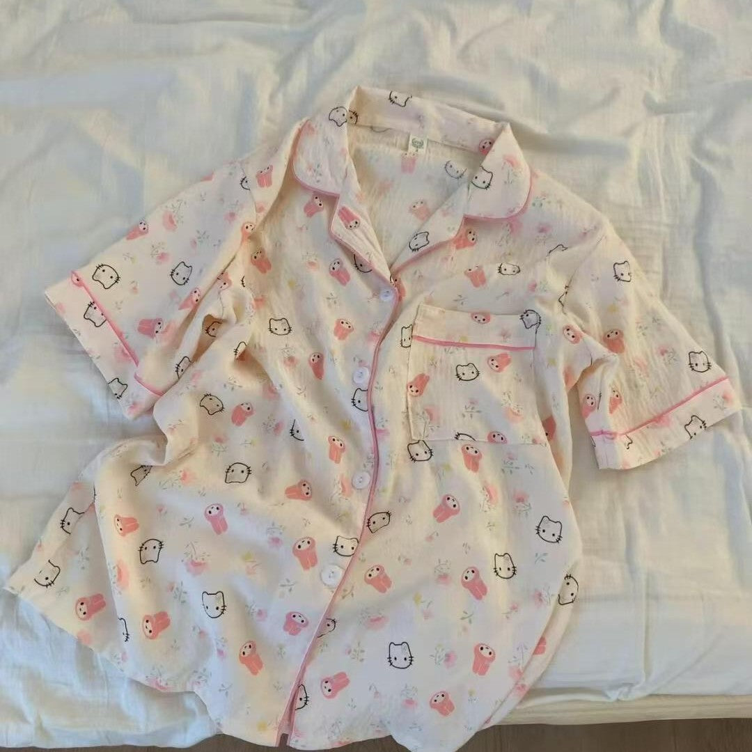 Womens Summer Pajamas Short-Sleeve Top And Shorts Set Cute Lovable Design Perfect For Both Home Wear And Outings