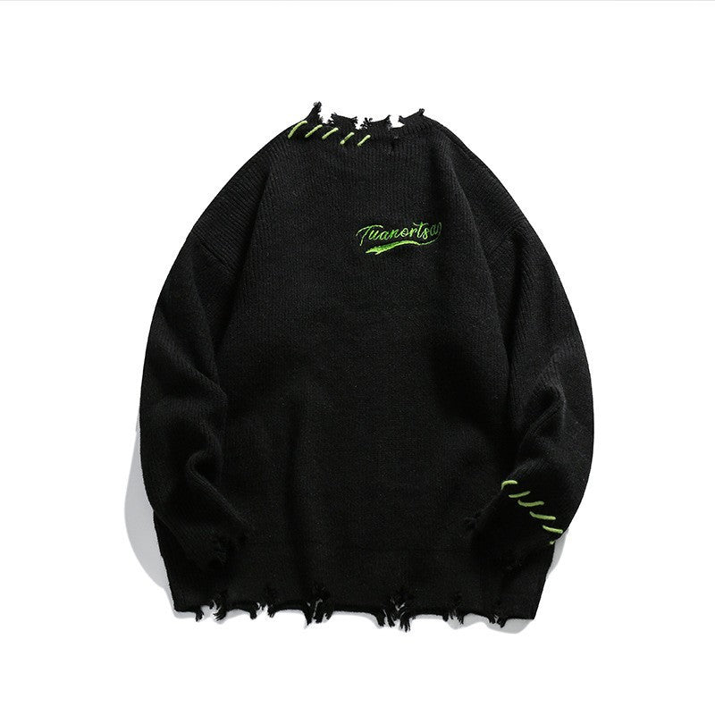 High Street Hip Hop Contrasting Color Embroidery Ripped Green Sweater