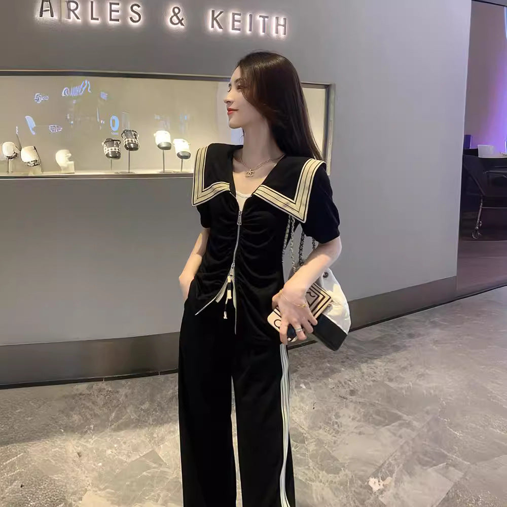 Women's Turn-down Collar Short Sleeve Slim-fit Wide-leg Pants Two-piece Set