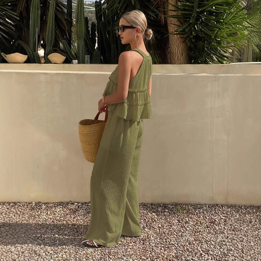 New Ruffled-shoulder Off-the-shoulder Halter-neck Sleeveless Fashion Wide-leg Pants Set