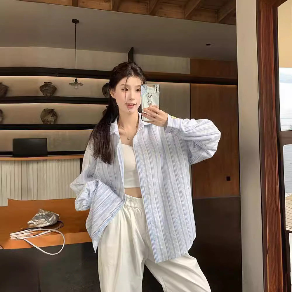 Sun Protection Top Women's Long-sleeved Striped Casual Shirt