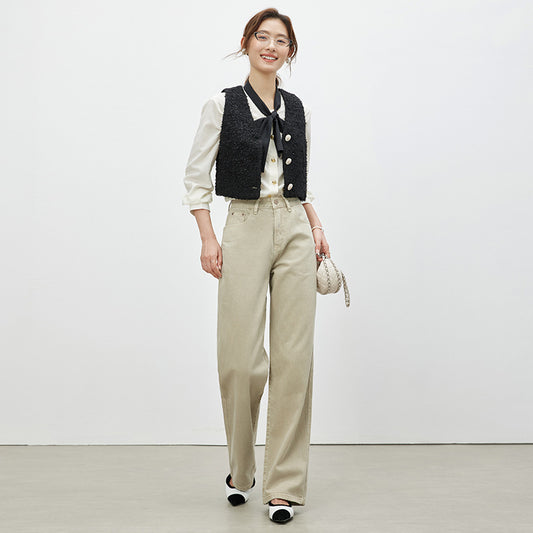 Apricot Wide-leg Draggle-tail Trousers Loose Straight