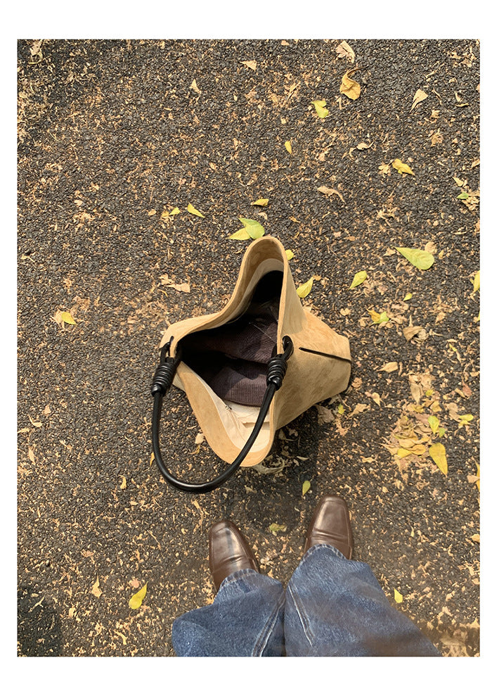 Autumn Winter Retro Suede Contrast Color One-shoulder Bucket Bag
