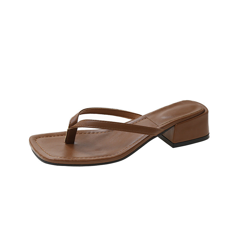 Women's Fashion Outerwear Square Toe All-matching Chunky Heel Non-slip Beach Flip Flops