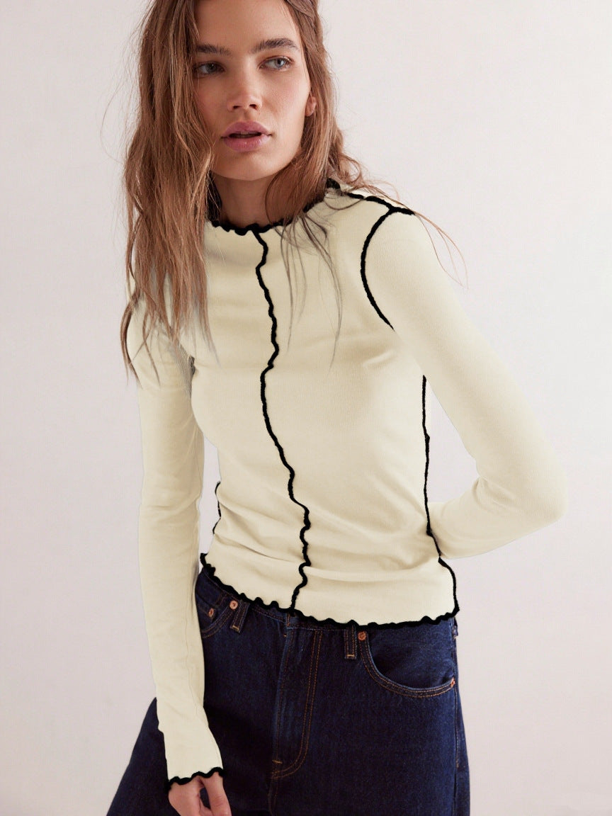 Color-Block Curling Fake Collar Long-Sleeve Versatile Womens Shirt