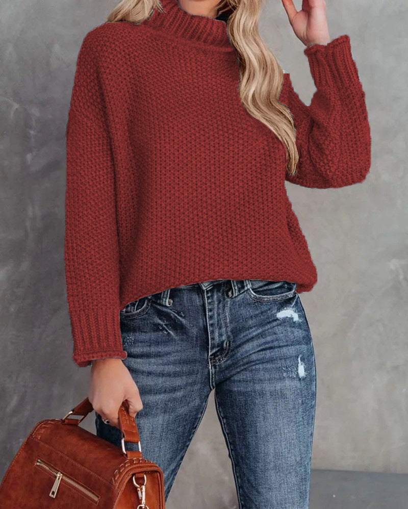 Women's High-neck Long-sleeve Rolled-edge Knit Sweater
