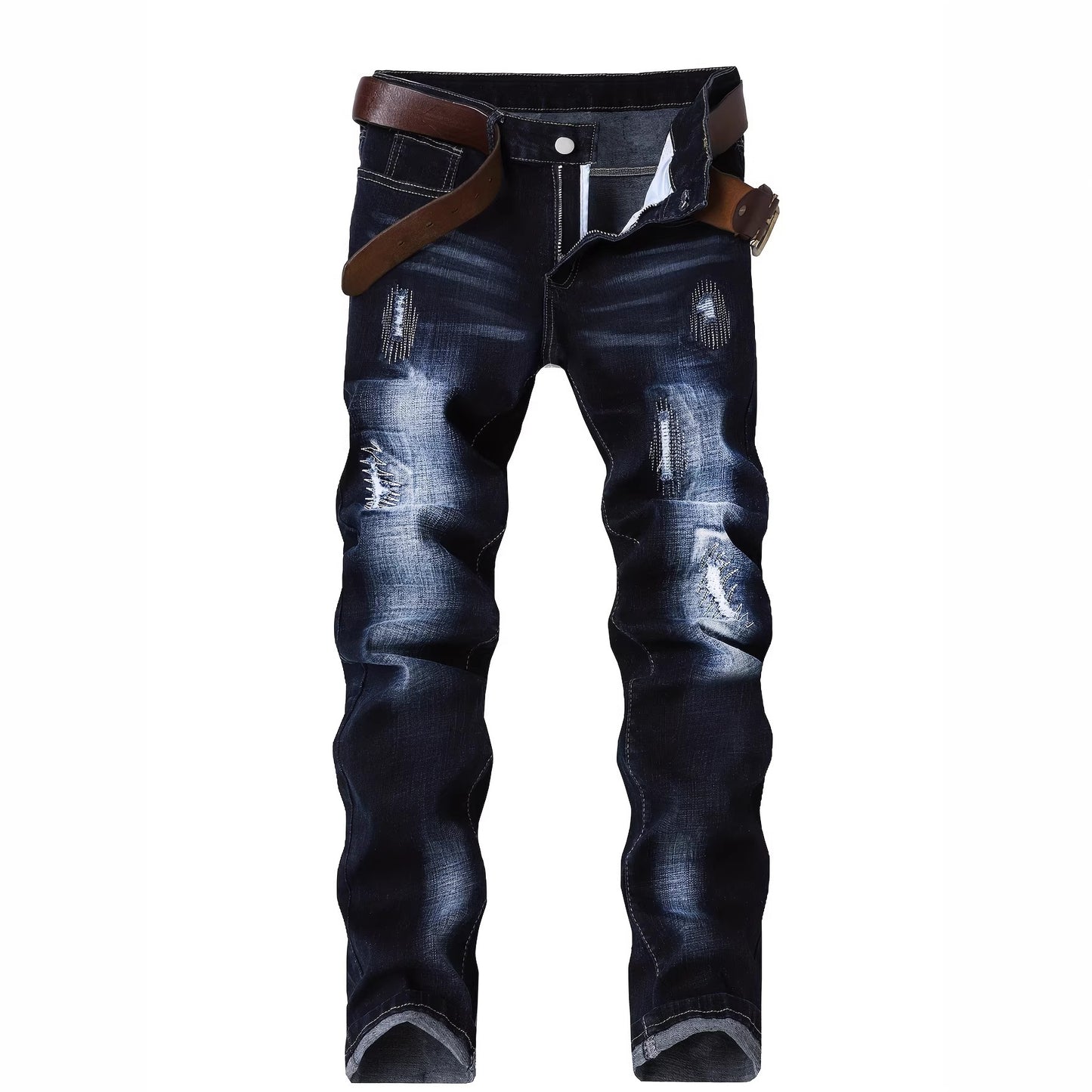 Mens Stretch Denim Jeans With Ripped Details And Embroidery