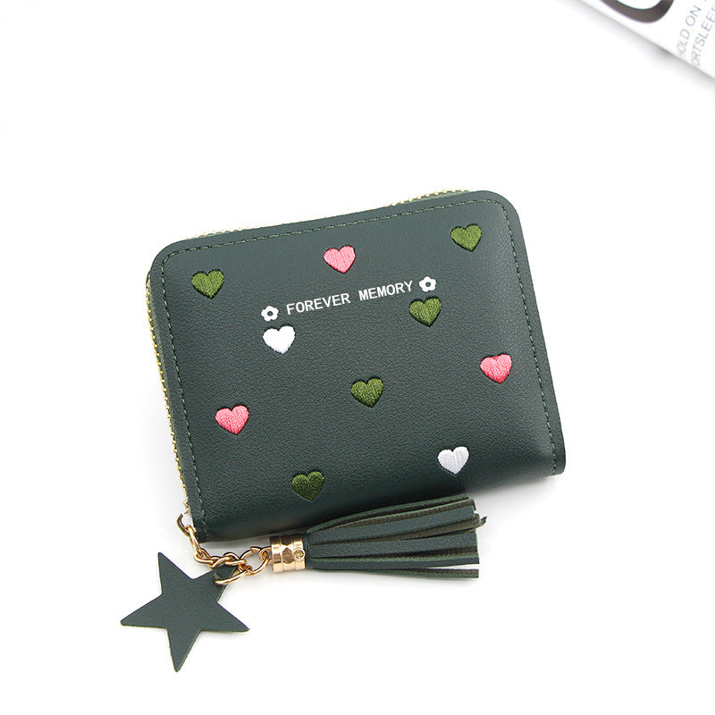 Embroidered Love Korean Women's Wallet Short Clutch Little Girl Coin Purse Women's Zipper Bag Card Holder Card Case