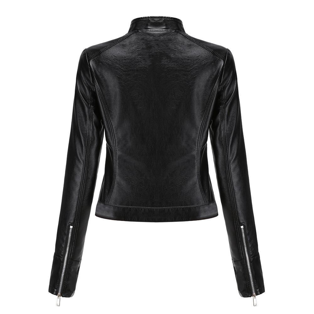 Veste courte en cuir pour femme avec col montant, fine
