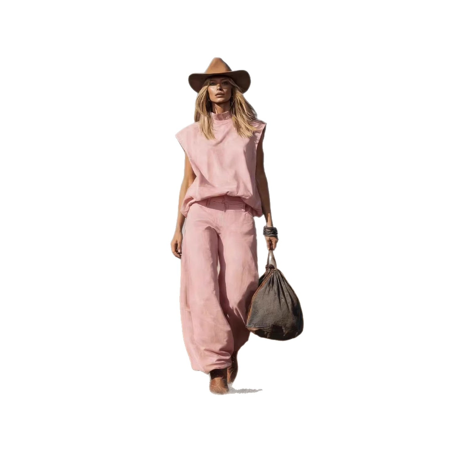 Western-style Sleeveless Wide-leg Cropped Suede Velvet Suit