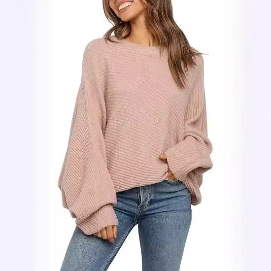Round Neck Solid Color Loose Sweater Top Leisure Pullover