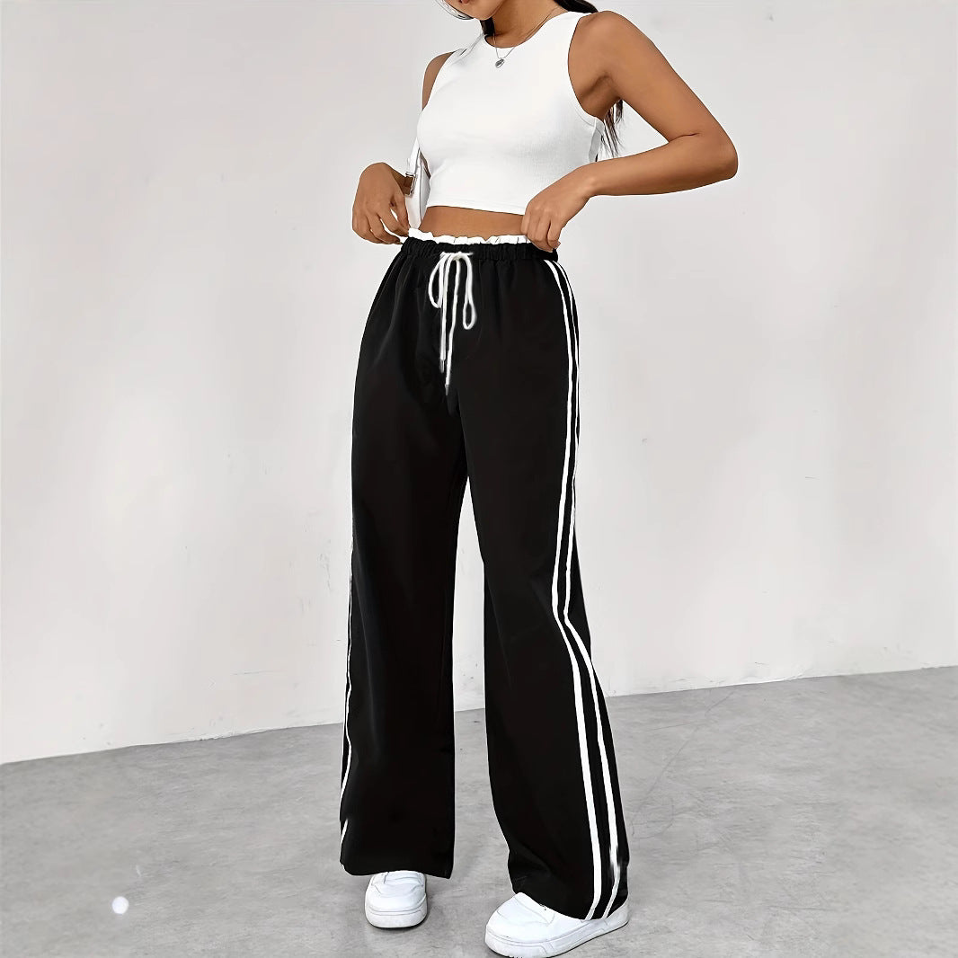 Elastic Waist Black Sports Straight Women's Trousers