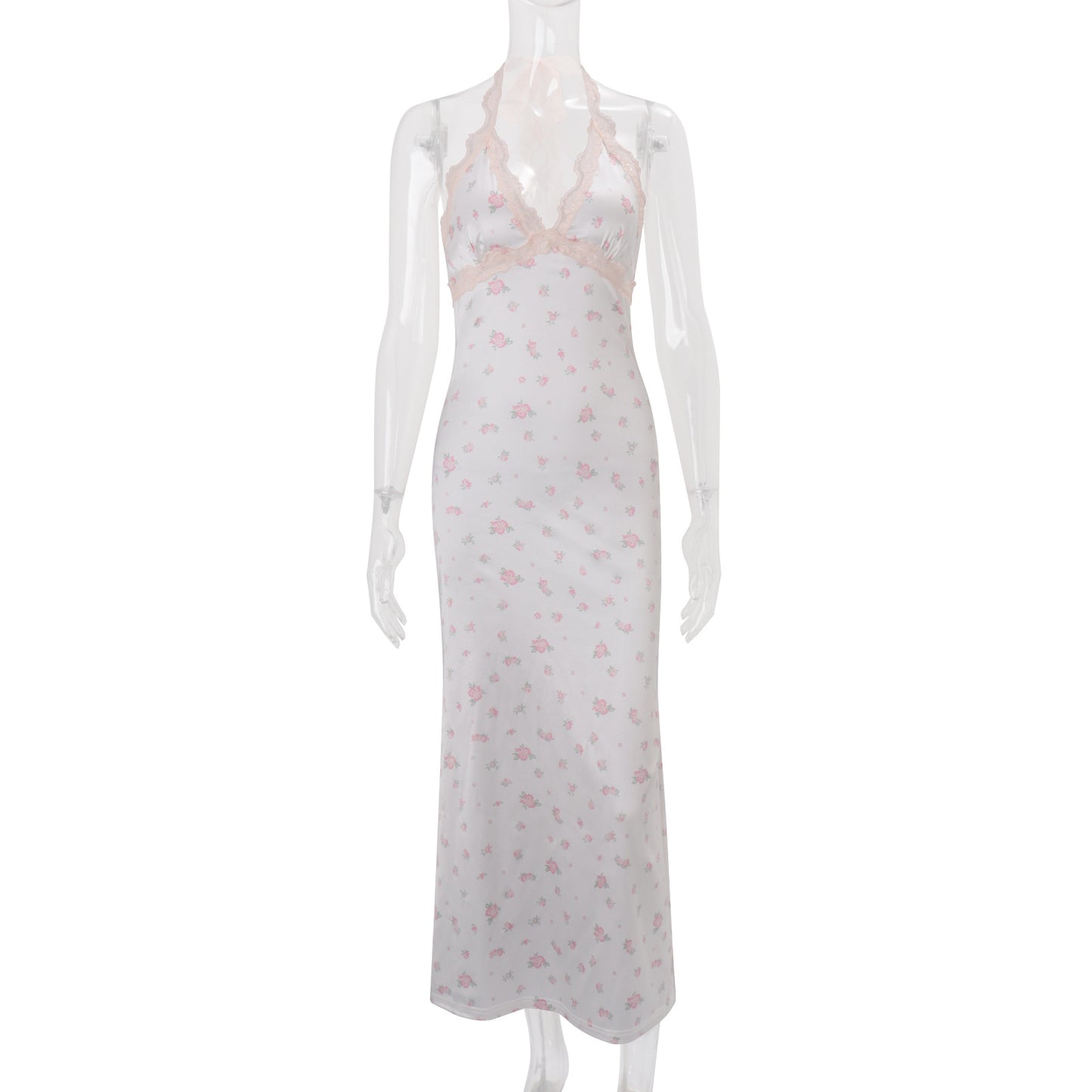 Sexy Halterneck Lace-trimmed Floral Dress For Women