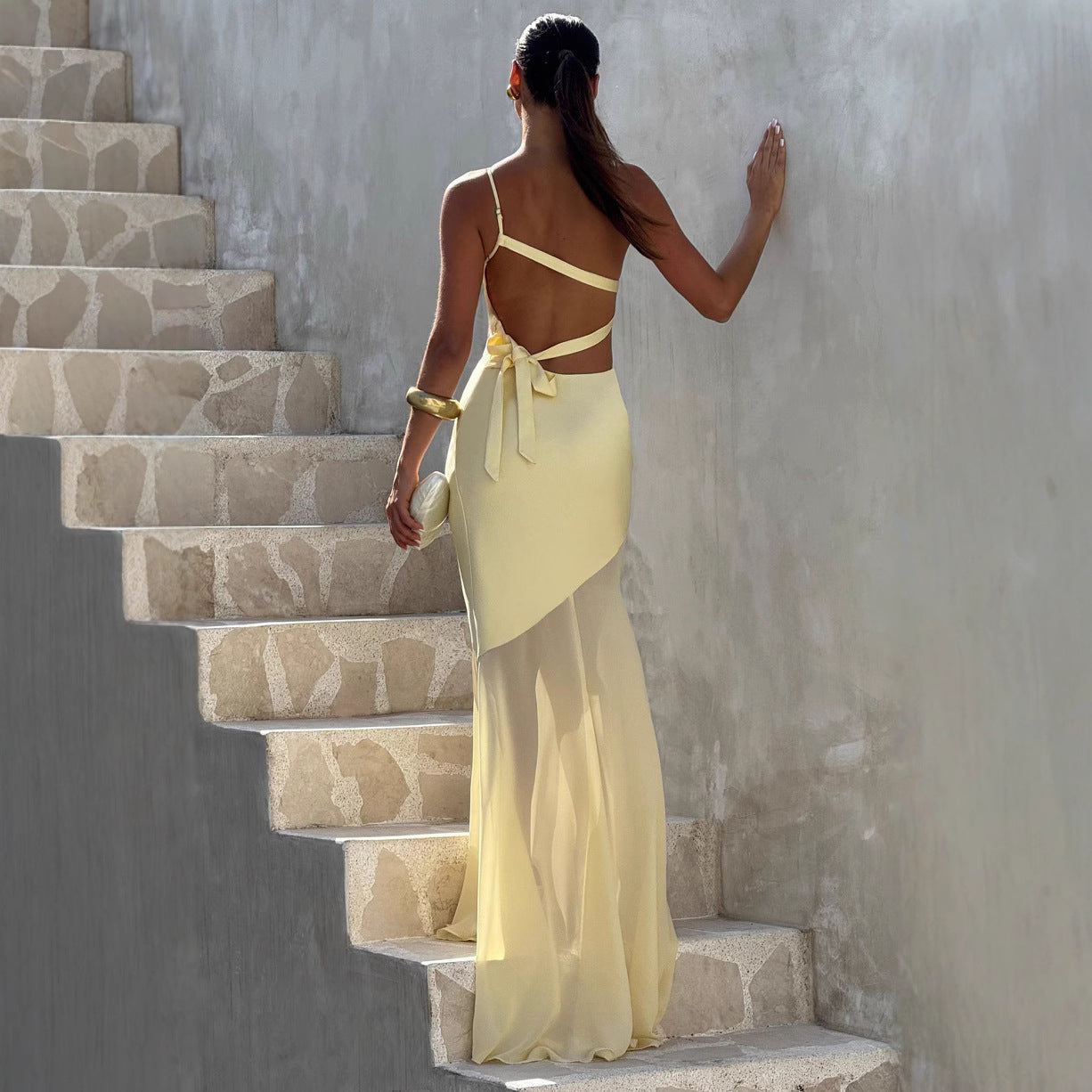 Womens Figure-hugging Mesh Maxi Dress With Tie-up Detailing