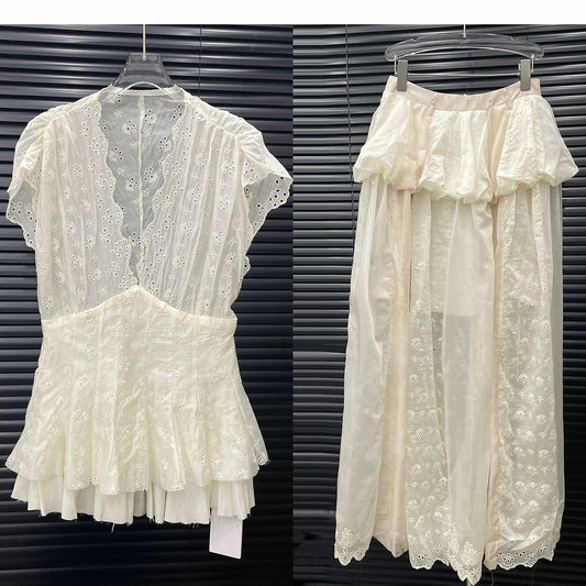Summer New Jacquard Lace V-neck Shirt Skirt