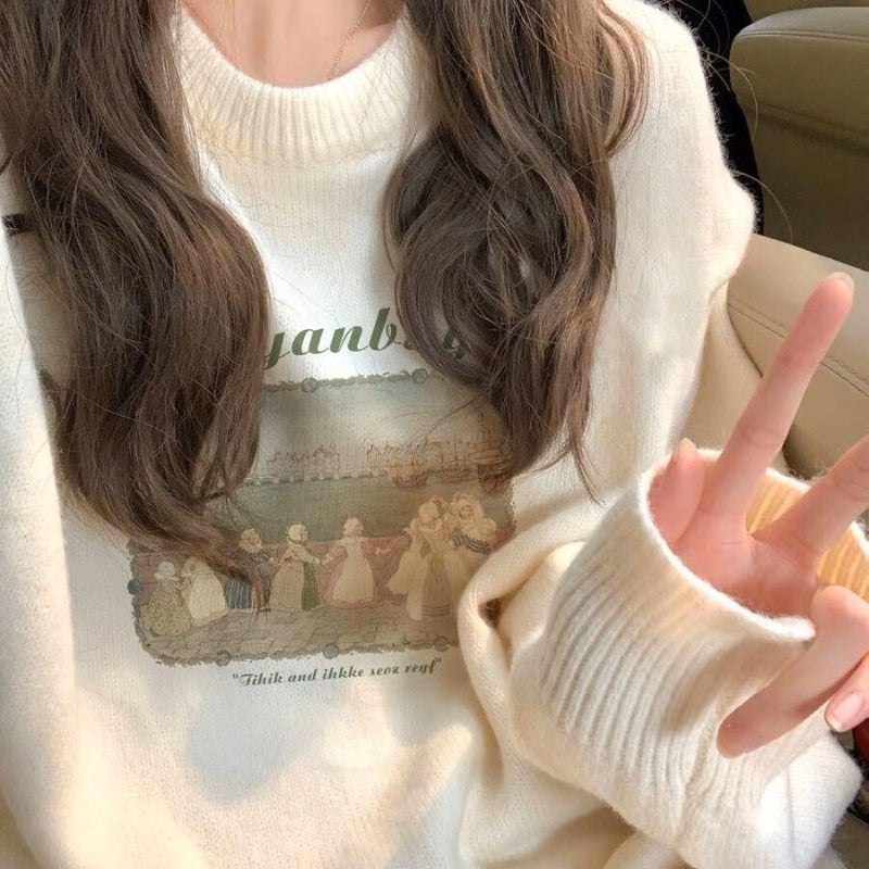 Retro Lazy Pullover Sweater Printed Women's Top