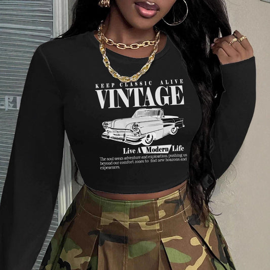 Printed American-style Vintage Long-sleeve Crew-neck T-shirt