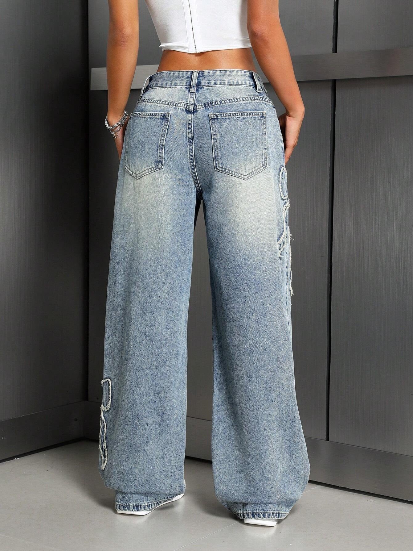 Bow Embroidery Washed Straight Leg Jeans