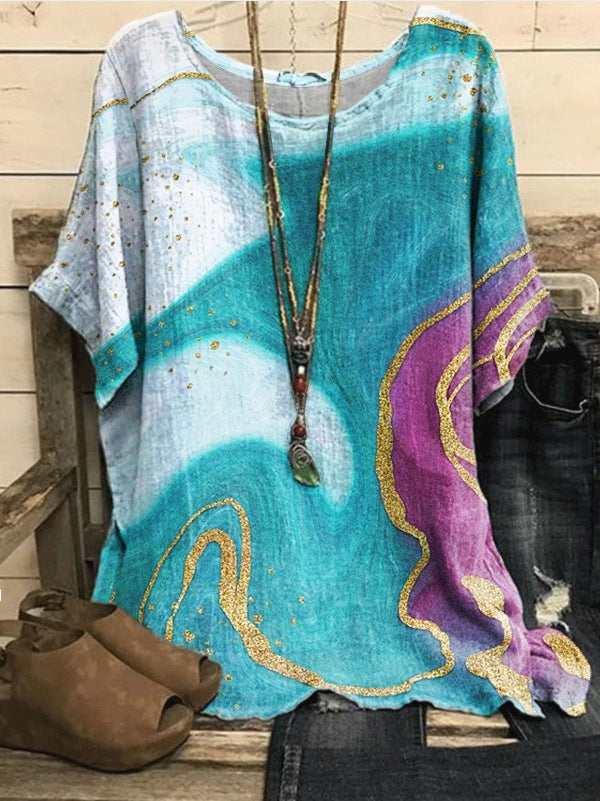 New Casual Loose Printed Crew Neck Top