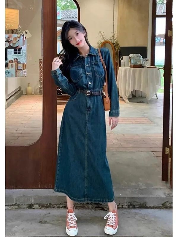 Womens Fashionable Retro Waist-Cinching Long-Sleeve Dress