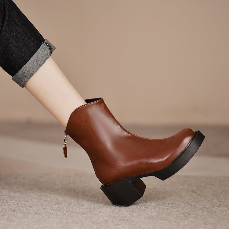 Round Toe Thick Mid Heel Zipper For Comfort