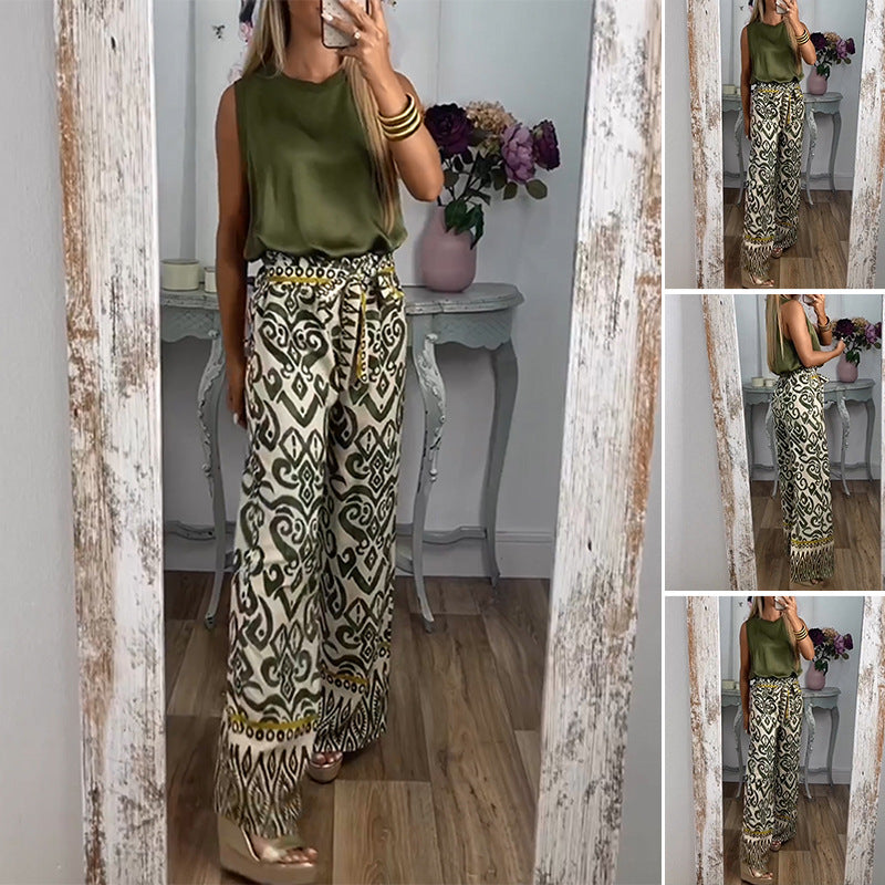 Women's Printed Belt Loose Casual Wide-leg Pants