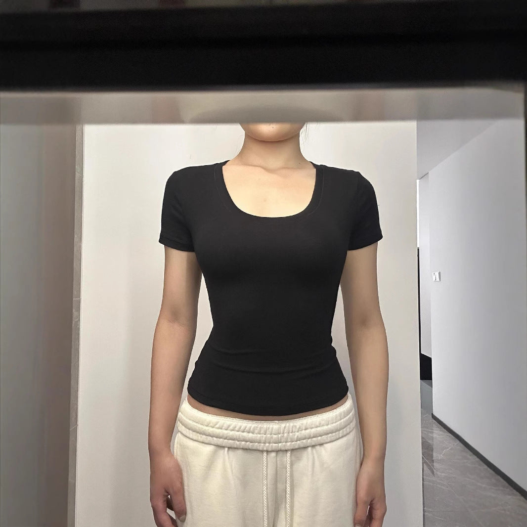 American Hot Girl U-collar Tight Waist Sports Shoulder Short Sleeve