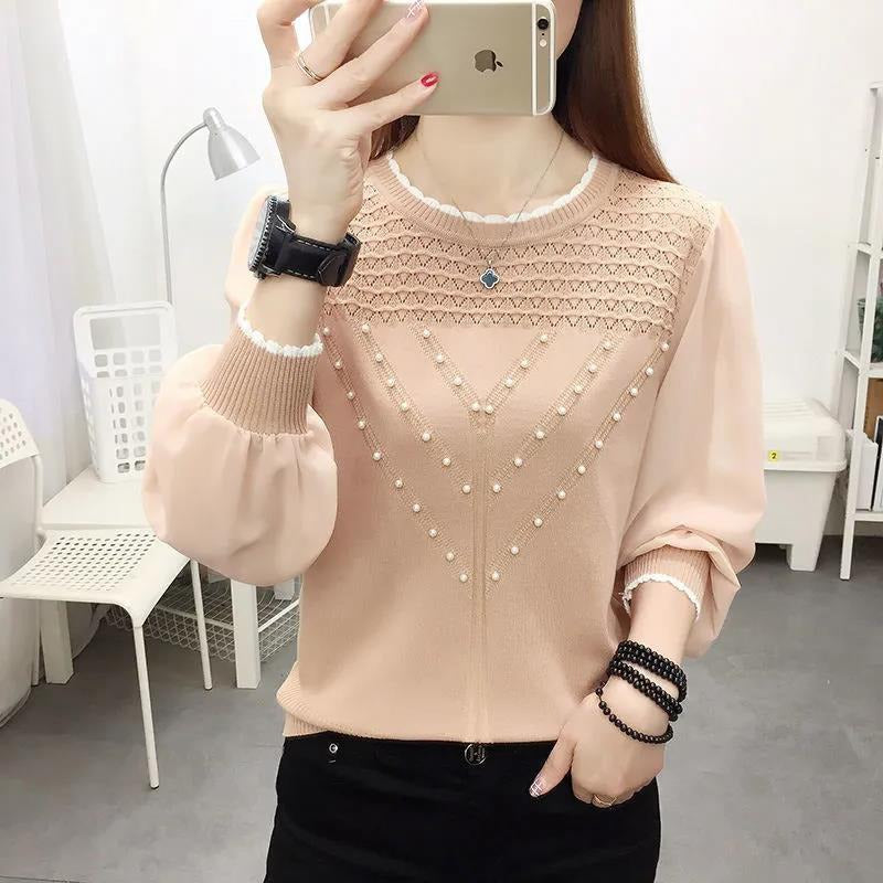 Chiffon Ice Silk Knitted Bottoming Shirt Long Sleeve Round Neck