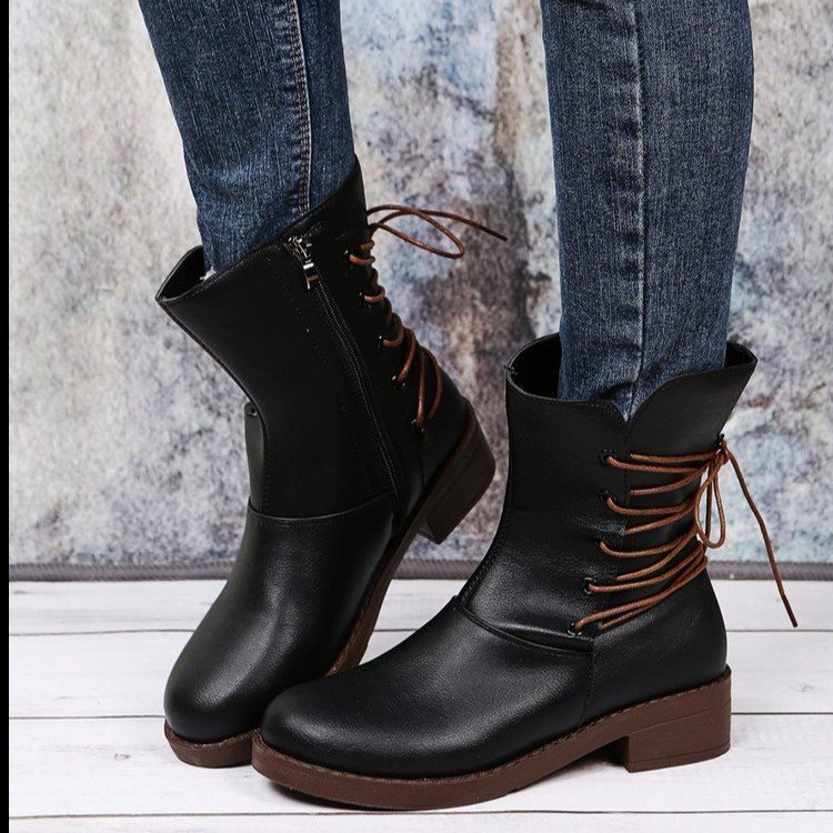 Fashion New Round Head Belt Buckle Thick Heel Martin Boots Women