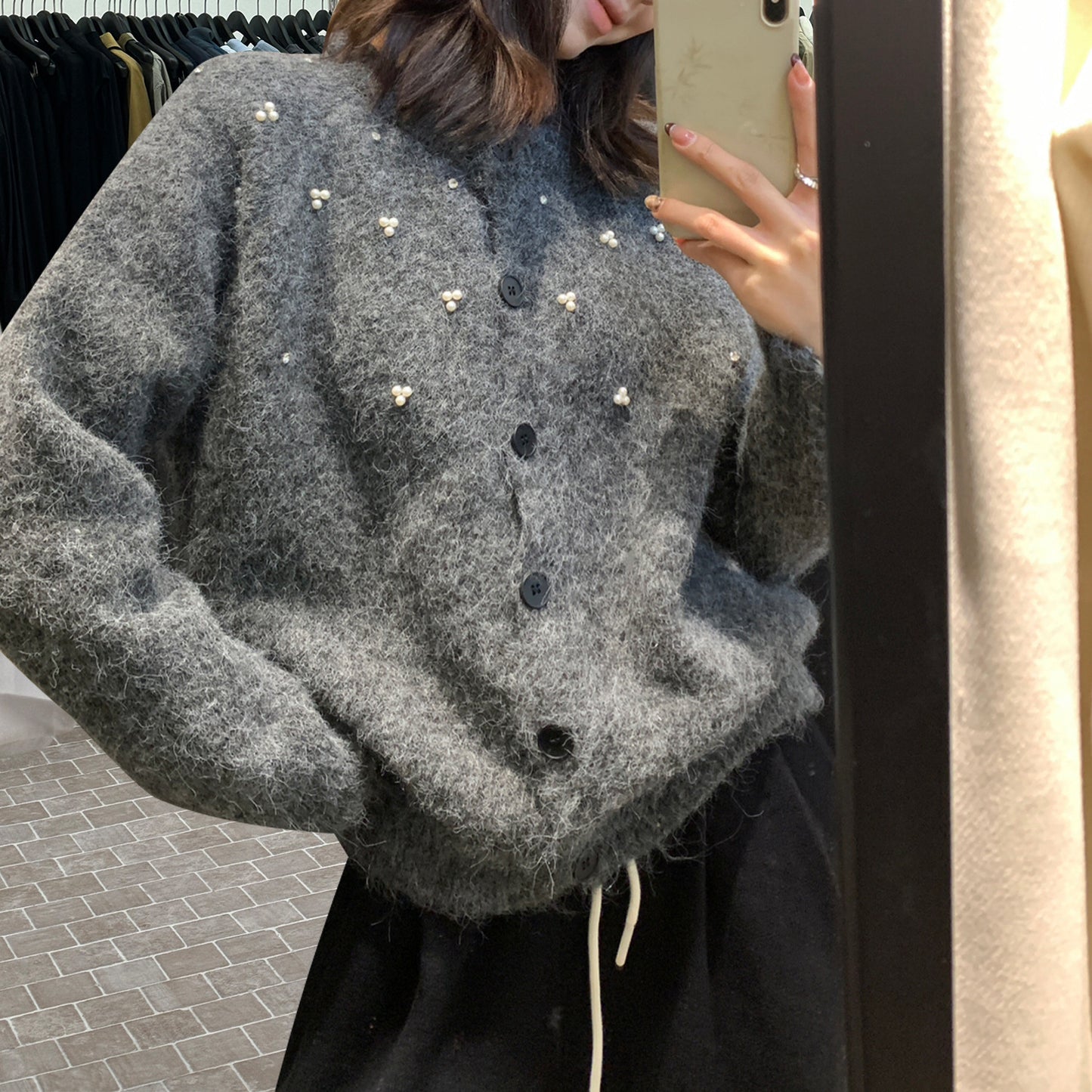 Women's Three-dimensional Pearl Sweater Cardigan Loose Knitted Coat