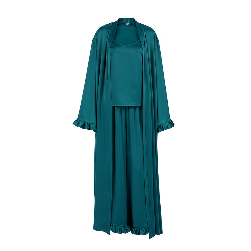 Satin Velvet Robe Underwear And Pants Three-piece Pajama Set