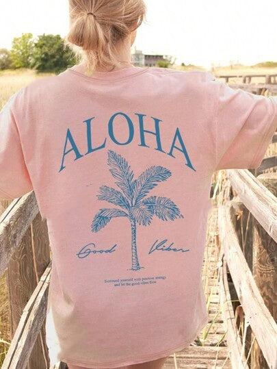 Women's Summer Palm Tree Print Wide Collar Pendant Short Sleeve