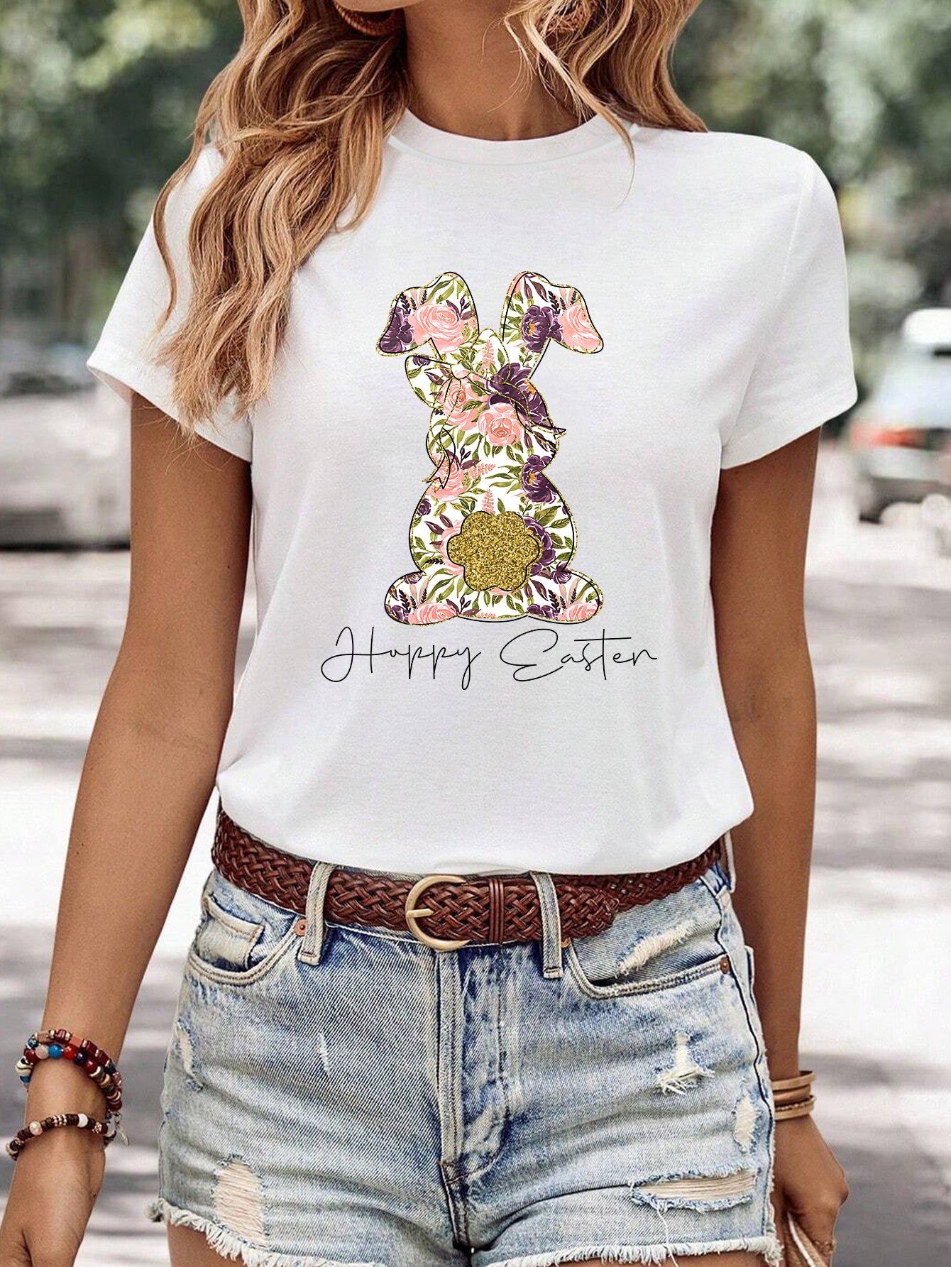 Kvinders minimalistiske afslappede T-shirt med print og rund hals