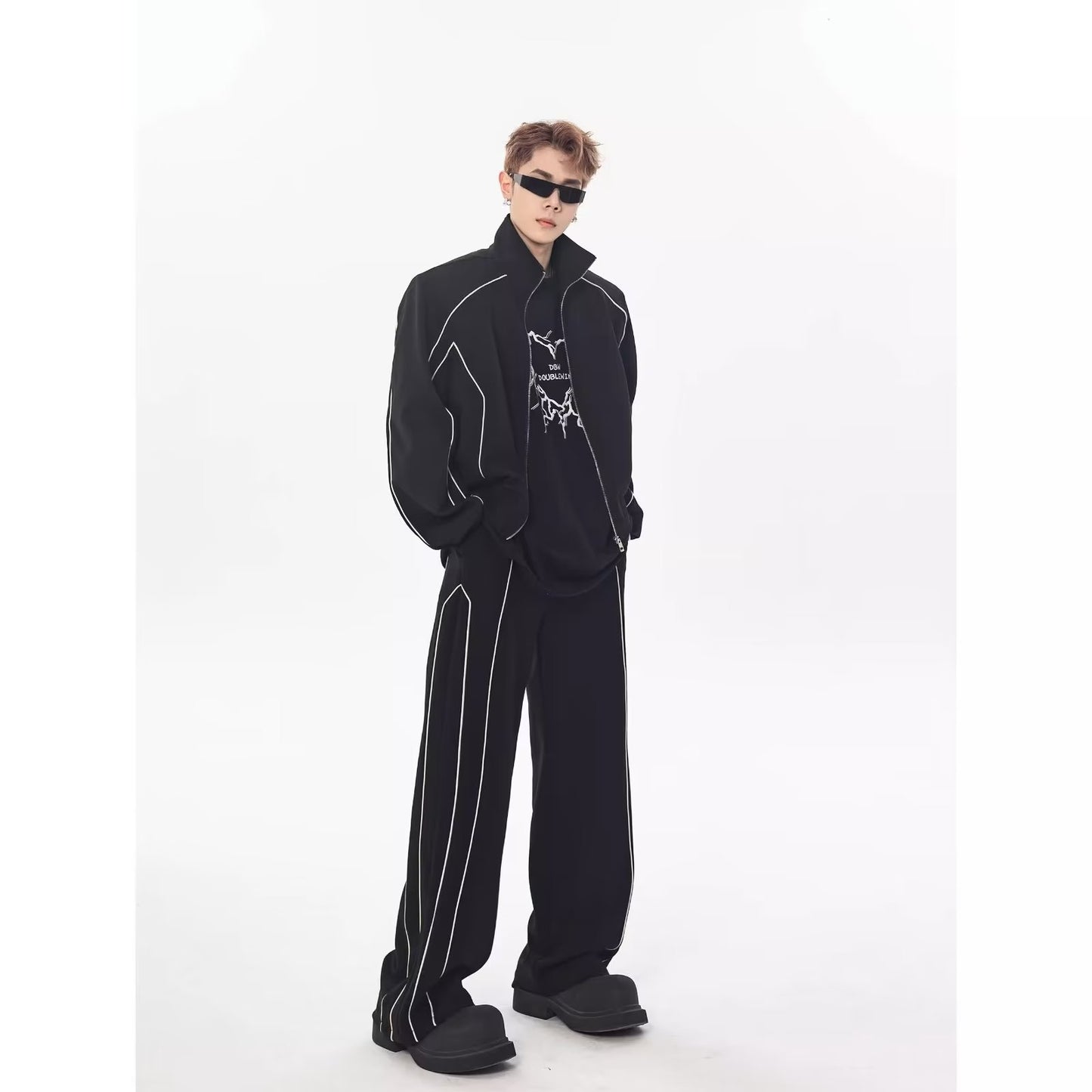 High-end Pu Shuai Casual Suit Loose Design Cardigan Stand Collar Jacket Wide Leg Pants Matching Two-piece Suit