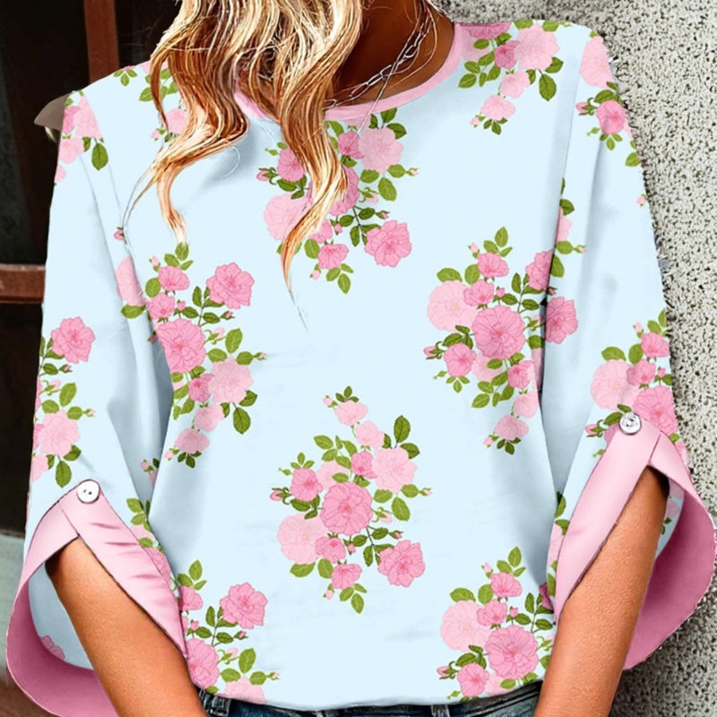 Blue Floral-print Buttoned-cuff Three-quarter-sleeve Crew-neck Shirt