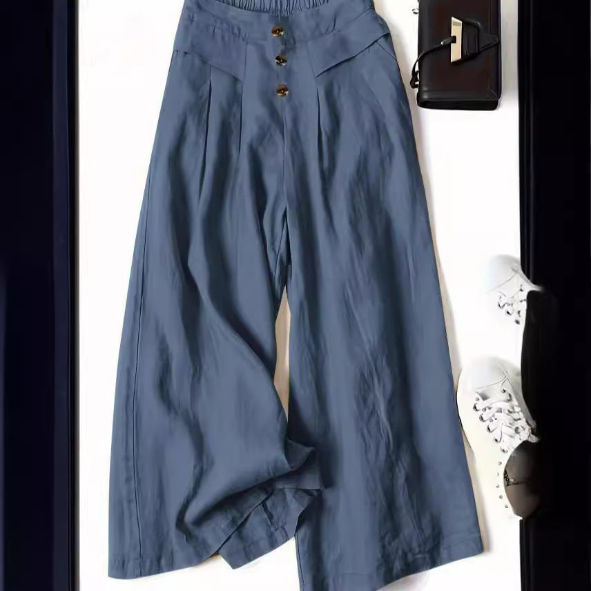 Women's Cotton And Linen Wide-leg Pants Draping Loose Half Elastic High Waist Slimming