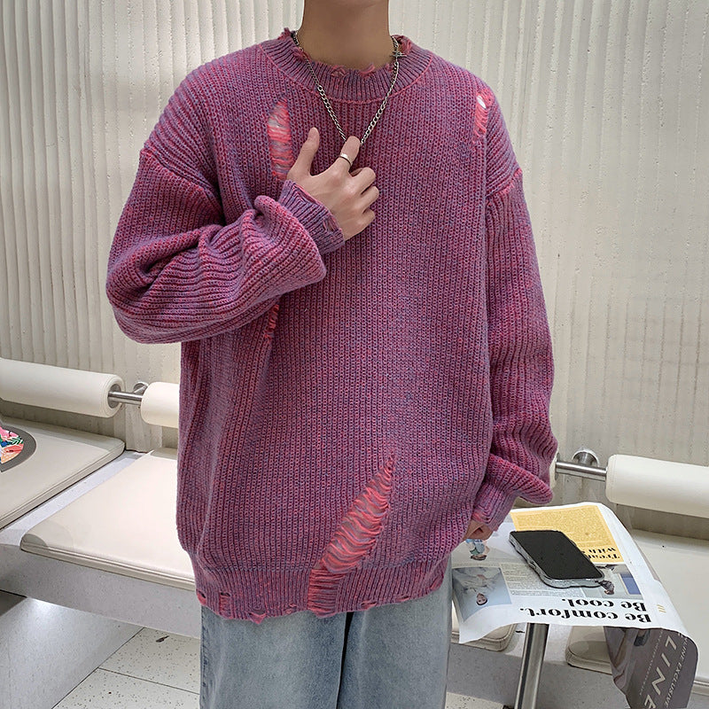 Ripped Round Neck Sweater Men Loose Street