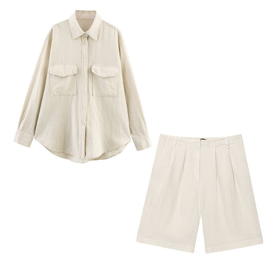 Blended Shirt Linen Blended Pleated Casual Shorts