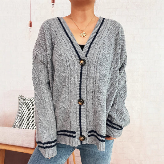 Street Arm Embroidery Knitted Coat V-collar Contrast Color Sweater