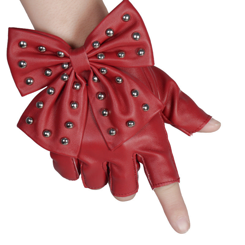 Lolita Gothic Rivet Bow Half Finger Pu Gloves