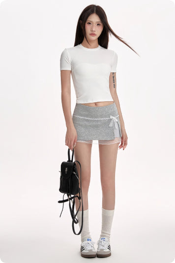 Gray Midi Skirt With Patchwork Lace Trim For Women, Summer
