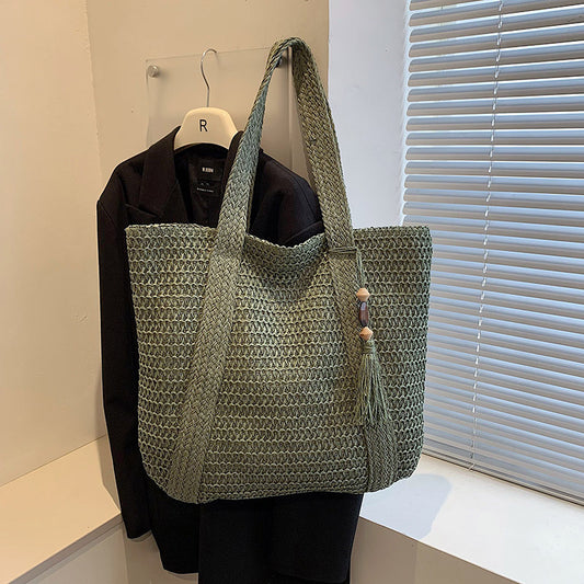 Fashion Shoulder Paper String Straw Mahogany Pendant Casual Beach Women's Bag
