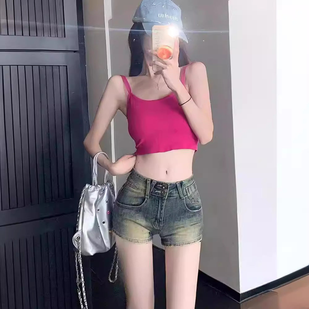 Yellow-ochre Vintage Spicy Girl Denim Shorts For Women Summer Style