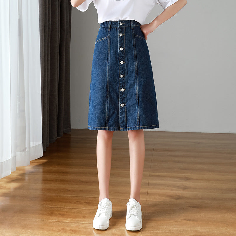 Korean-style Loose Versatile A-line Mid-length Slimming High-waist Plus-size Denim Skirt