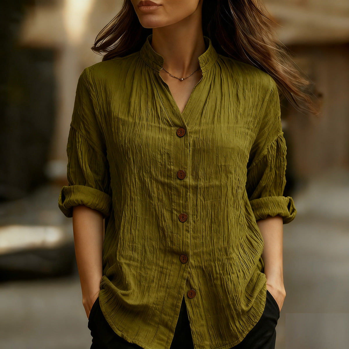 Spring And Summer Casual Solid Color Long Sleeve Button-up Shirt
