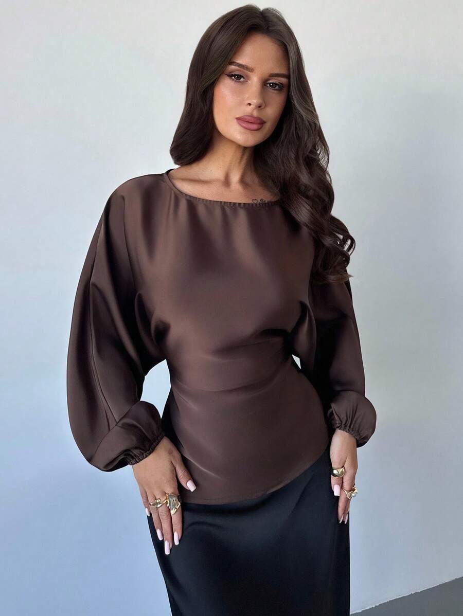 Casual Round Neck Lace-up Waist Shirt For Women
